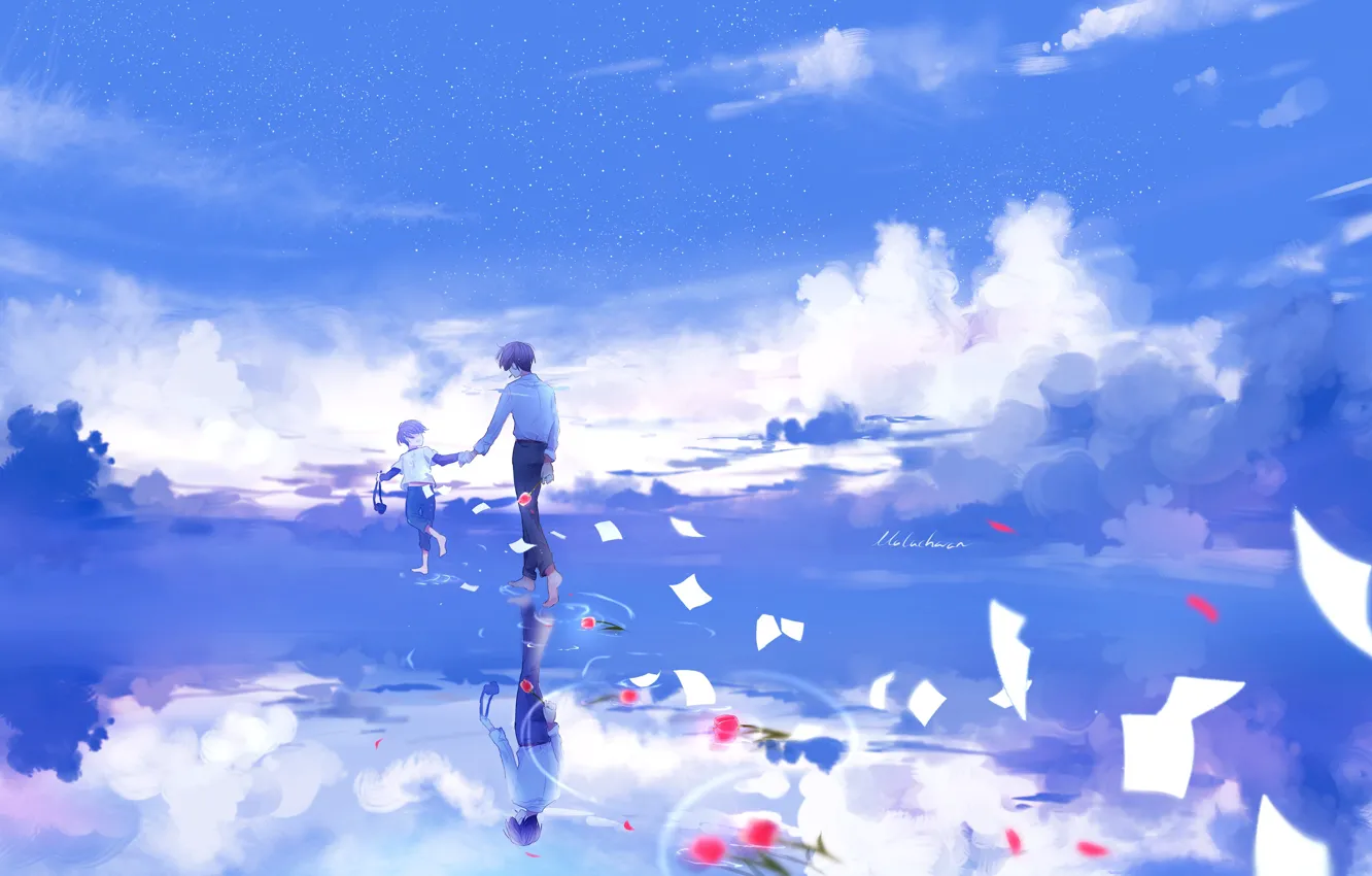 Photo wallpaper The sky, Water, Reflection, Boy, Guy