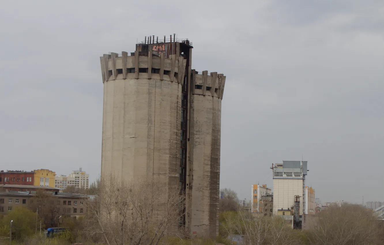 Photo wallpaper the sky, trees, clouds, the city, overcast, abandoned, Russia, architecture