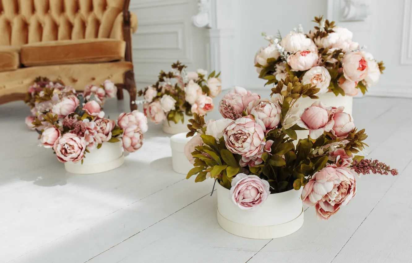 Photo wallpaper flowers, room, sofa, vintage, design, pink, flowers, peonies
