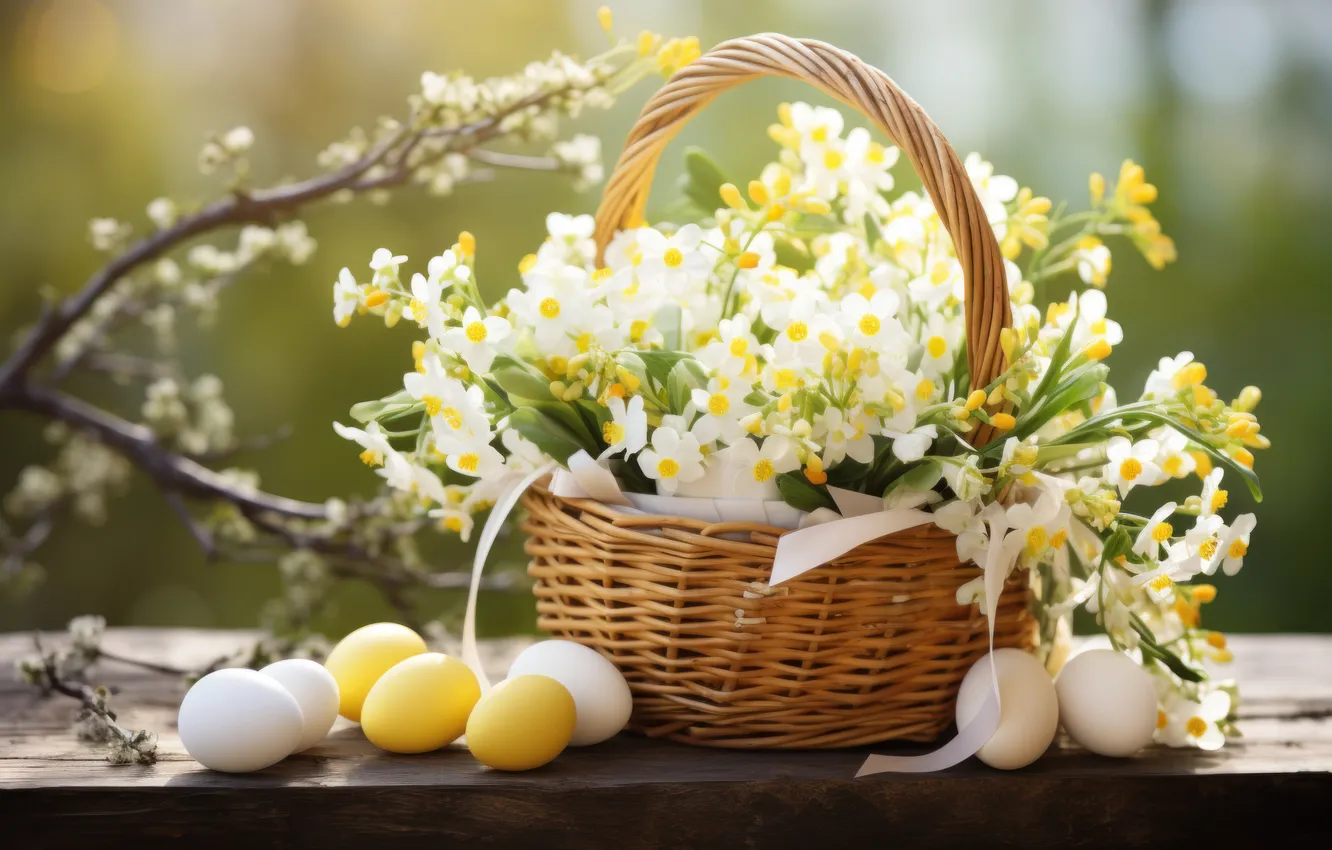 Photo wallpaper light, flowers, branches, yellow, nature, holiday, Board, eggs