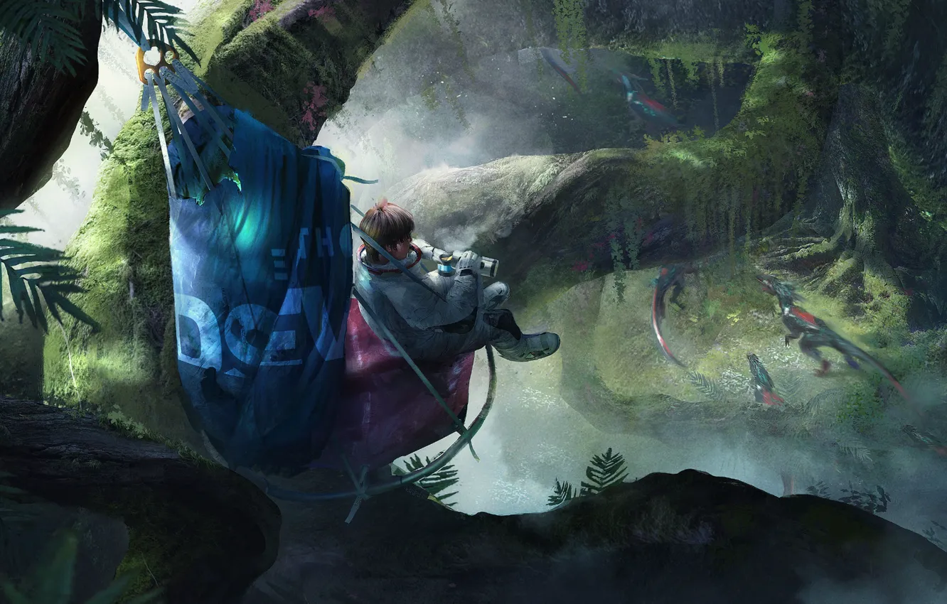 Photo wallpaper predator, astronaut, jungle, jungle, Crytek, Raptors, Robinson: The Journey