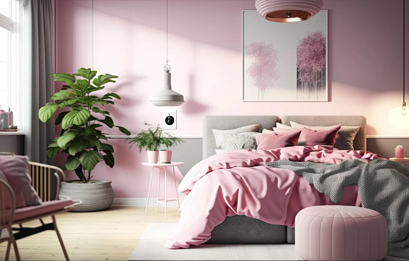 Photo wallpaper design, style, room, interior, bedroom, pink color in the interior
