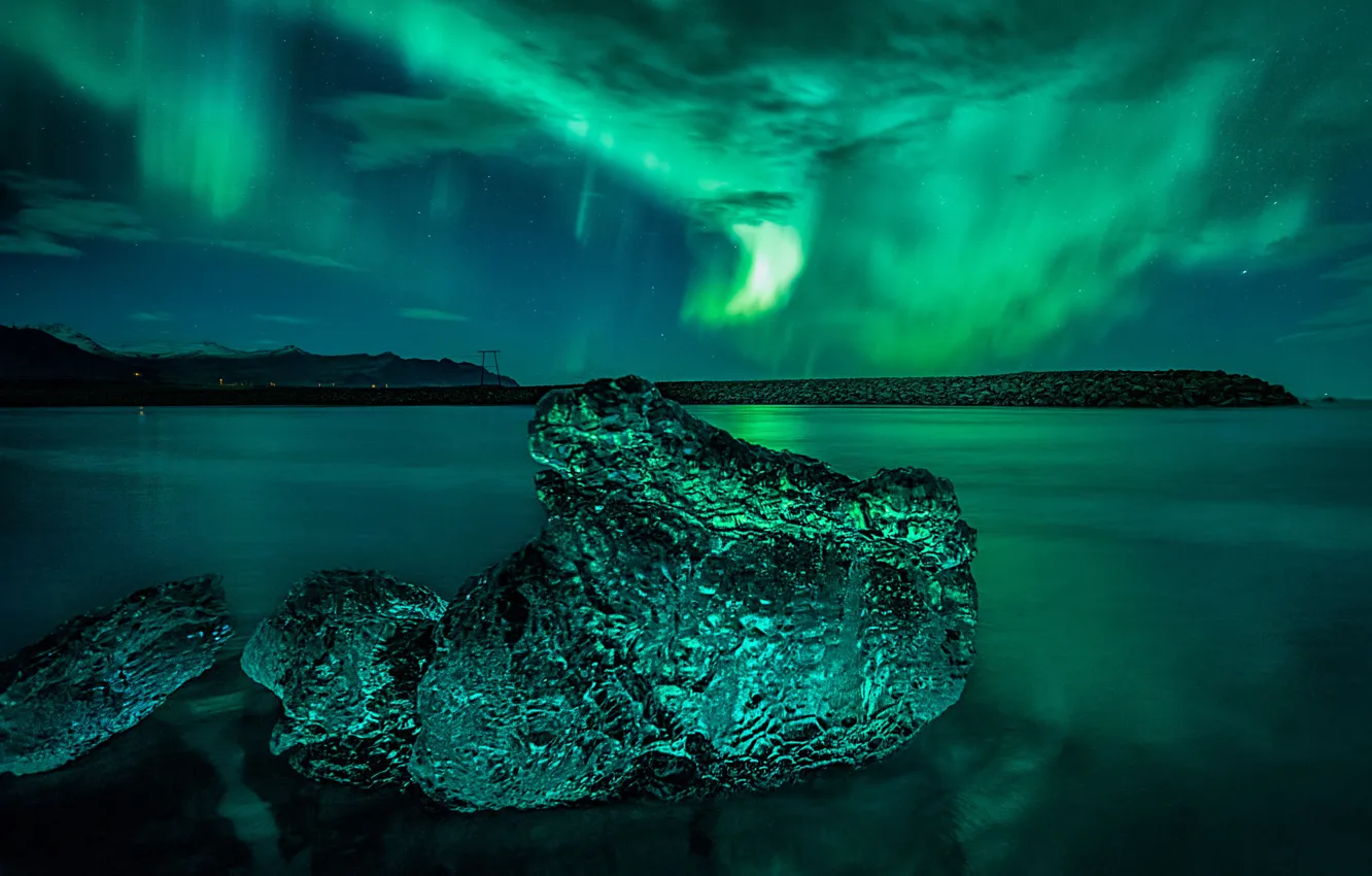 Photo wallpaper the sky, water, stars, Northern lights