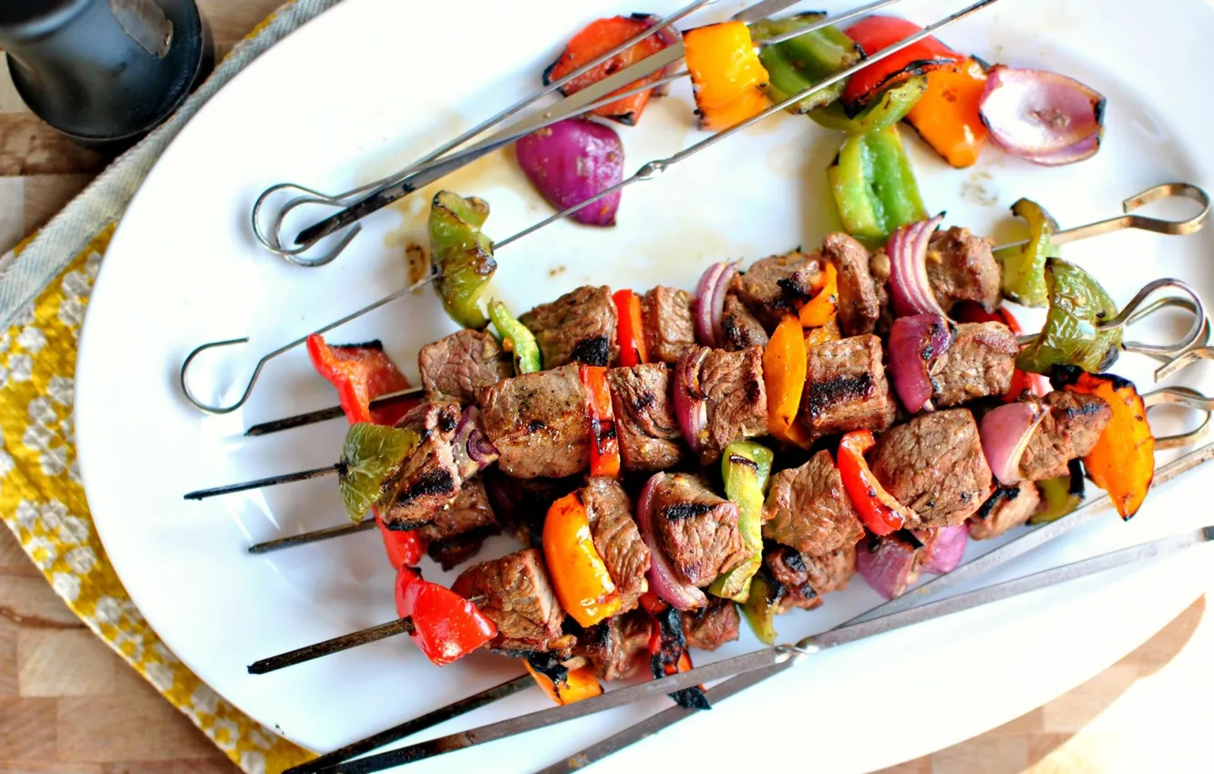 Photo wallpaper meat, pepper, vegetables, kebab