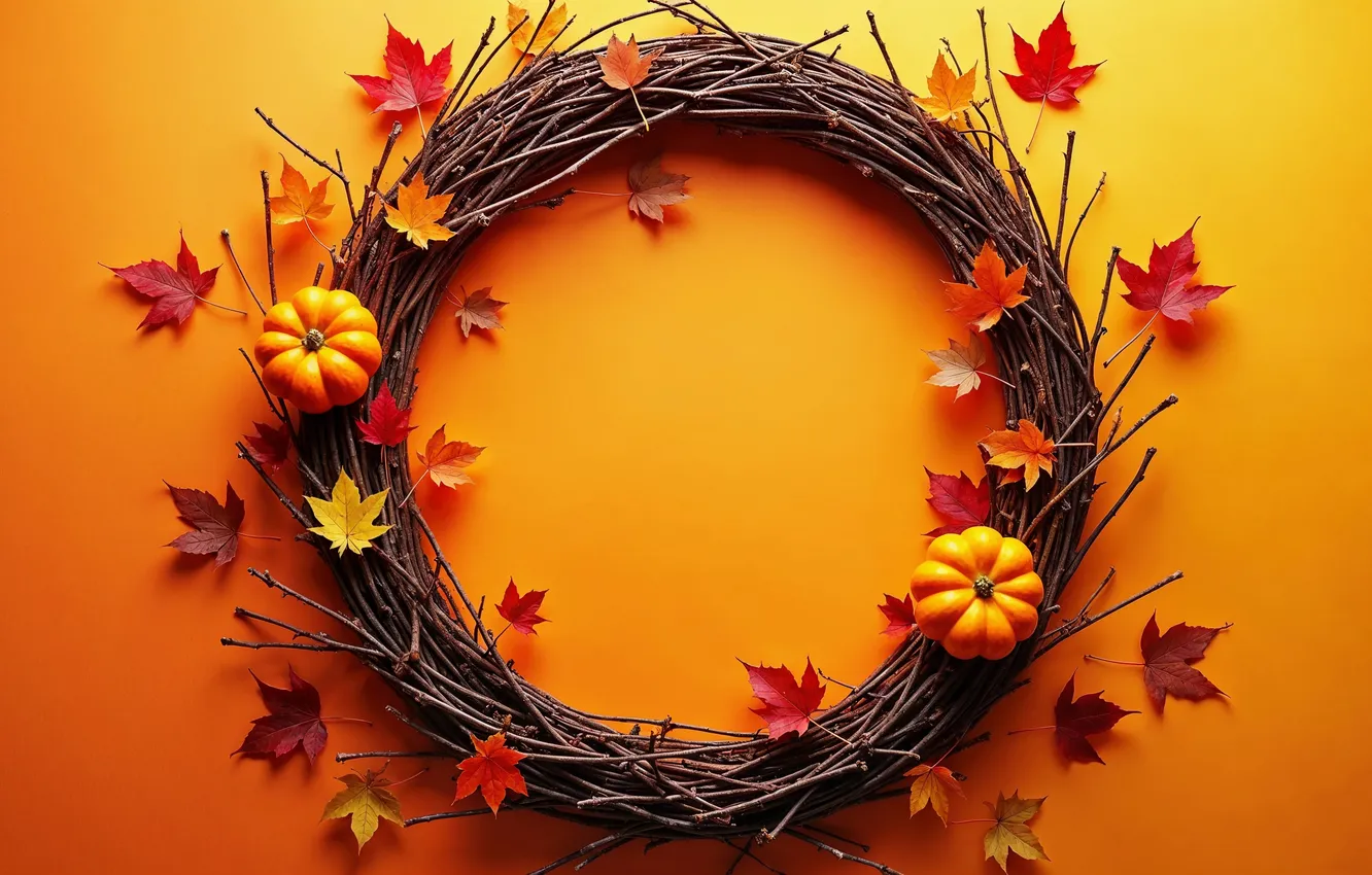 Photo wallpaper autumn, leaves, pumpkin, wreath