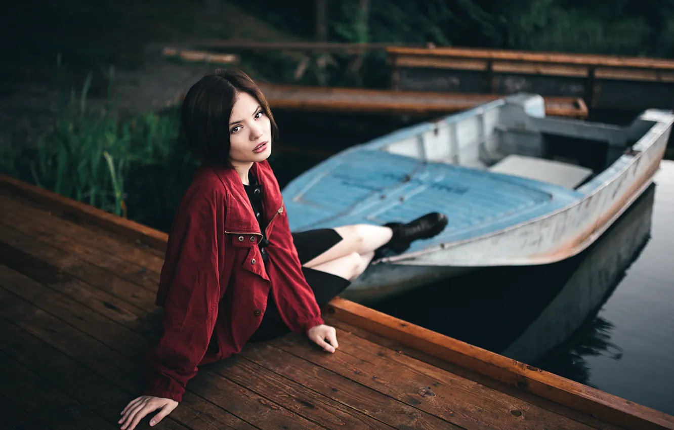 Photo wallpaper summer, water, girl, lake, boat, portrait, pier, art