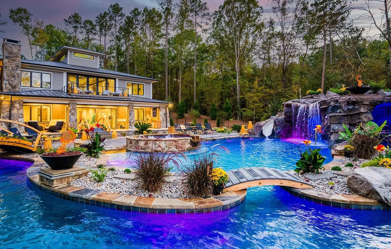 Photo wallpaper design, style, Villa, the evening, pool, lighting, backlight, architecture