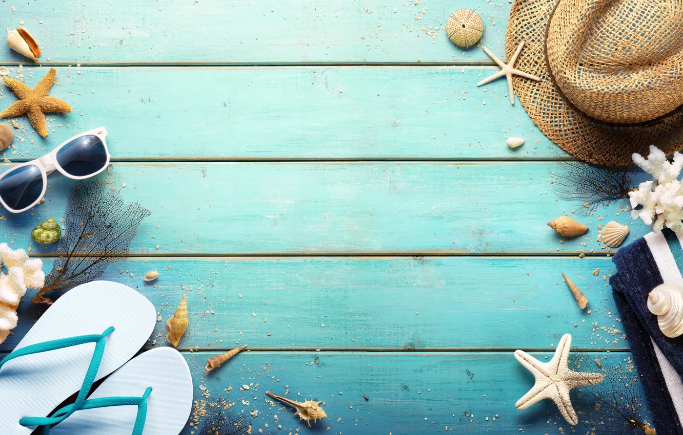 Photo wallpaper beach, summer, stars, stay, hat, glasses, shell, summer