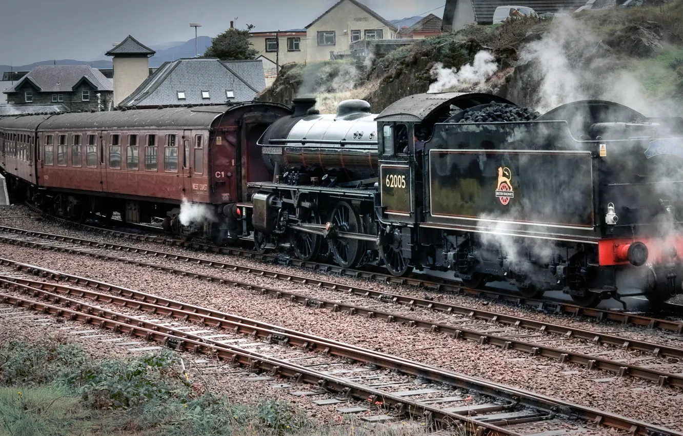 Photo wallpaper road, people, arrows, rails, the engine, station, iron, coal