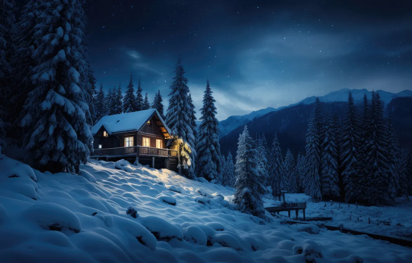 Photo wallpaper winter, forest, snow, mountains, night, nature, house, house