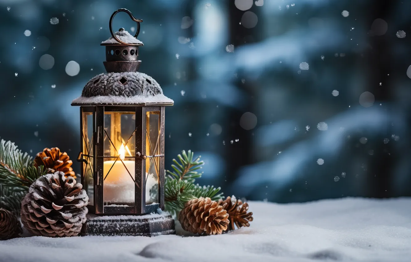 Photo wallpaper winter, snow, night, new year, Christmas, lights, Christmas, night