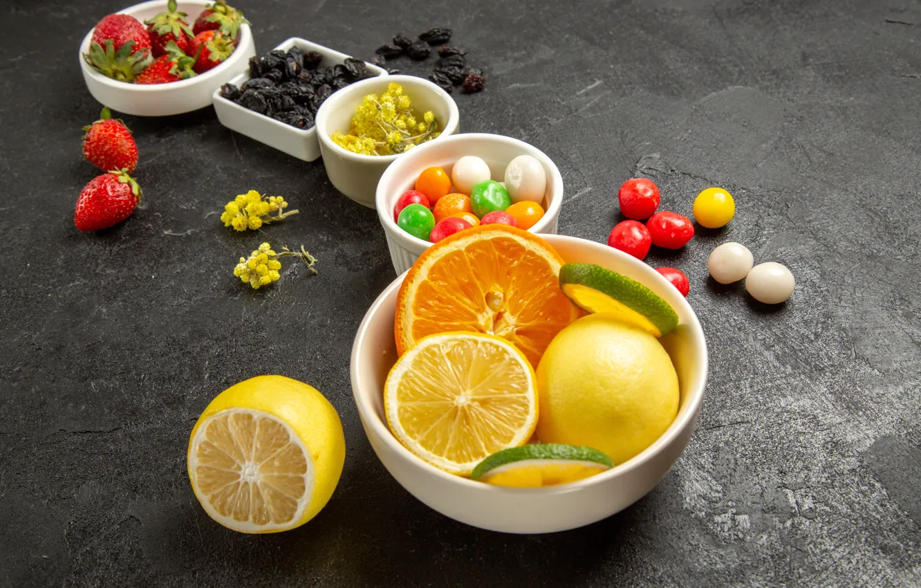 Photo wallpaper flowers, berries, lemon, orange, strawberry, candy, lime, citrus
