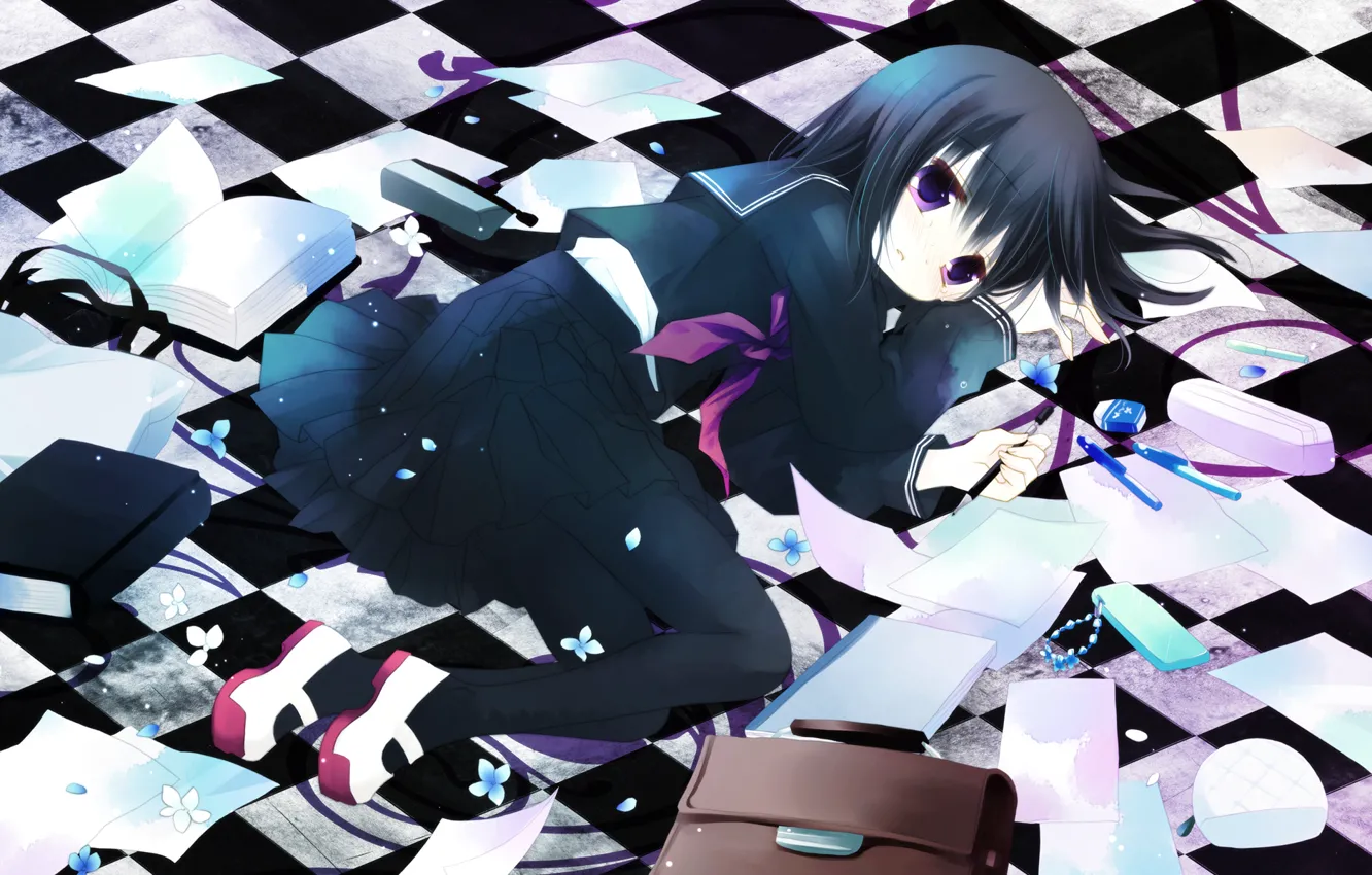 Photo wallpaper leaves, girl, flowers, things, anime, pencils, petals, art