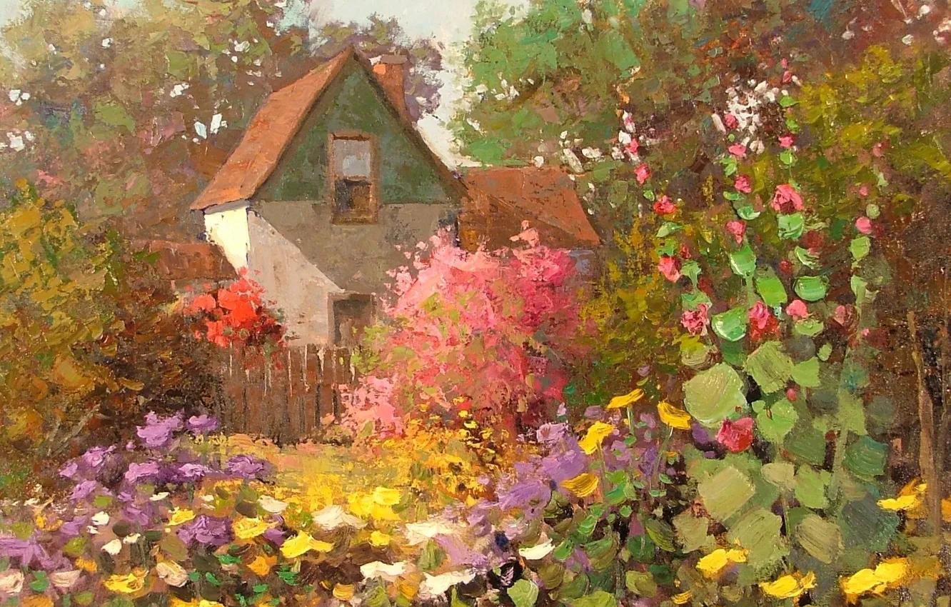 Photo wallpaper trees, flowers, house, the fence, garden, art, Sunny