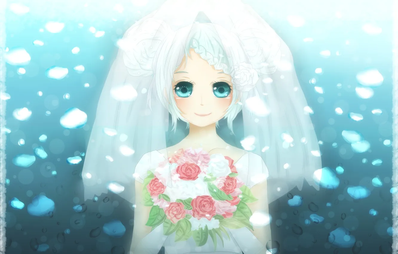 Photo wallpaper girl, flowers, smile, roses, bouquet, art, vocaloid, hatsune miku