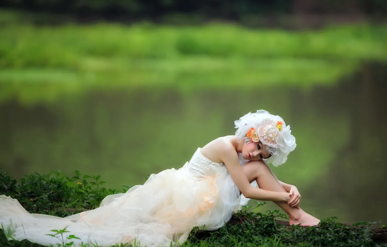 Photo wallpaper greens, white, girl, shore, dress, Asian, veil, pond