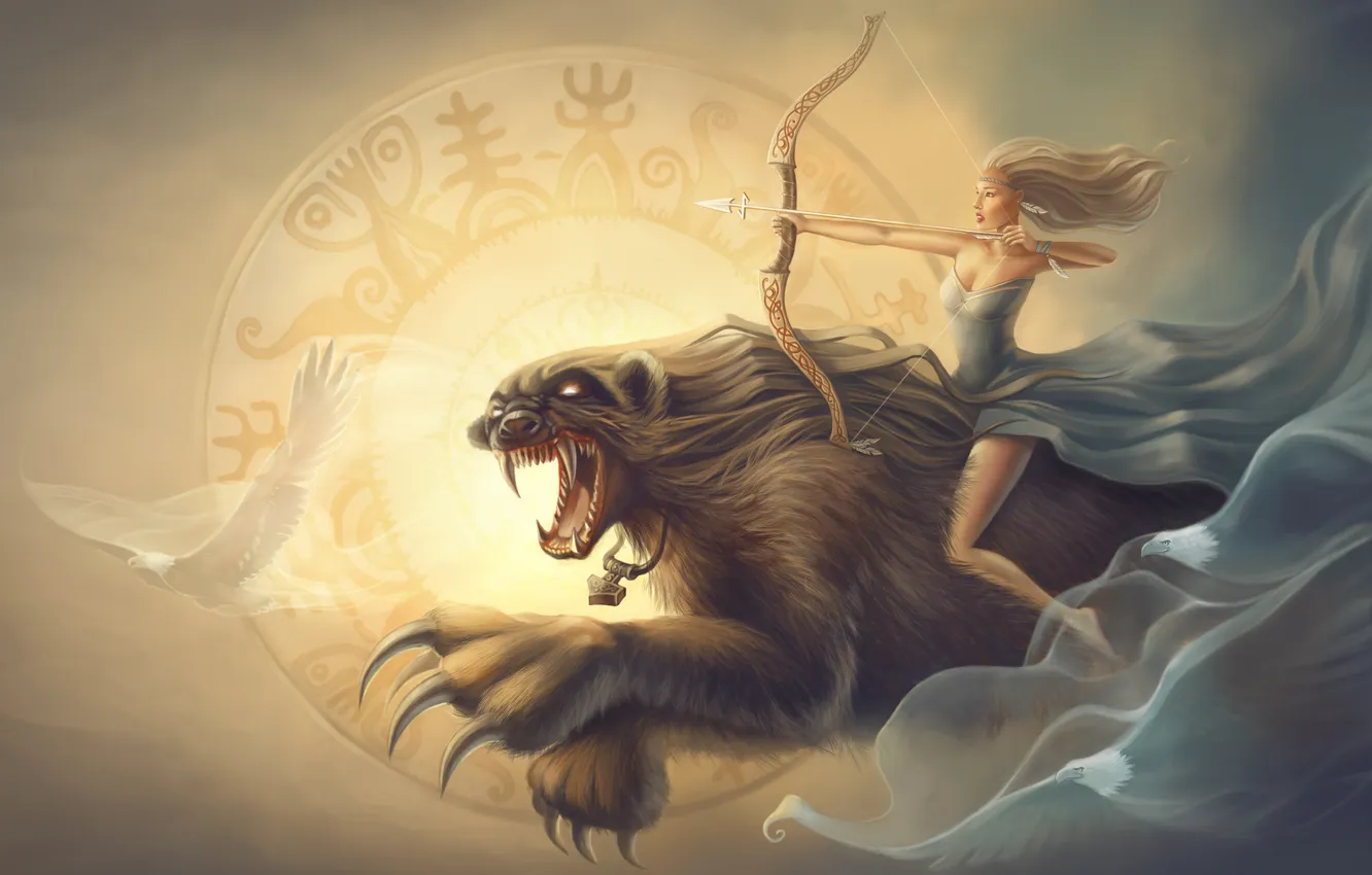 Photo wallpaper look, girl, fiction, bow, mouth, claws, fangs, arrow. being