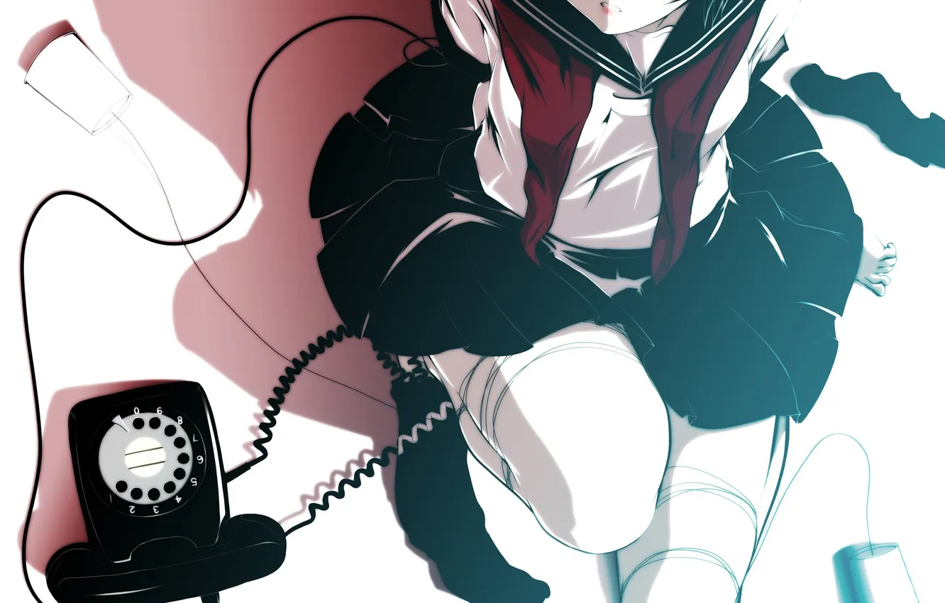 Photo wallpaper girl, feet, wire, stockings, phone, school uniform, art, original