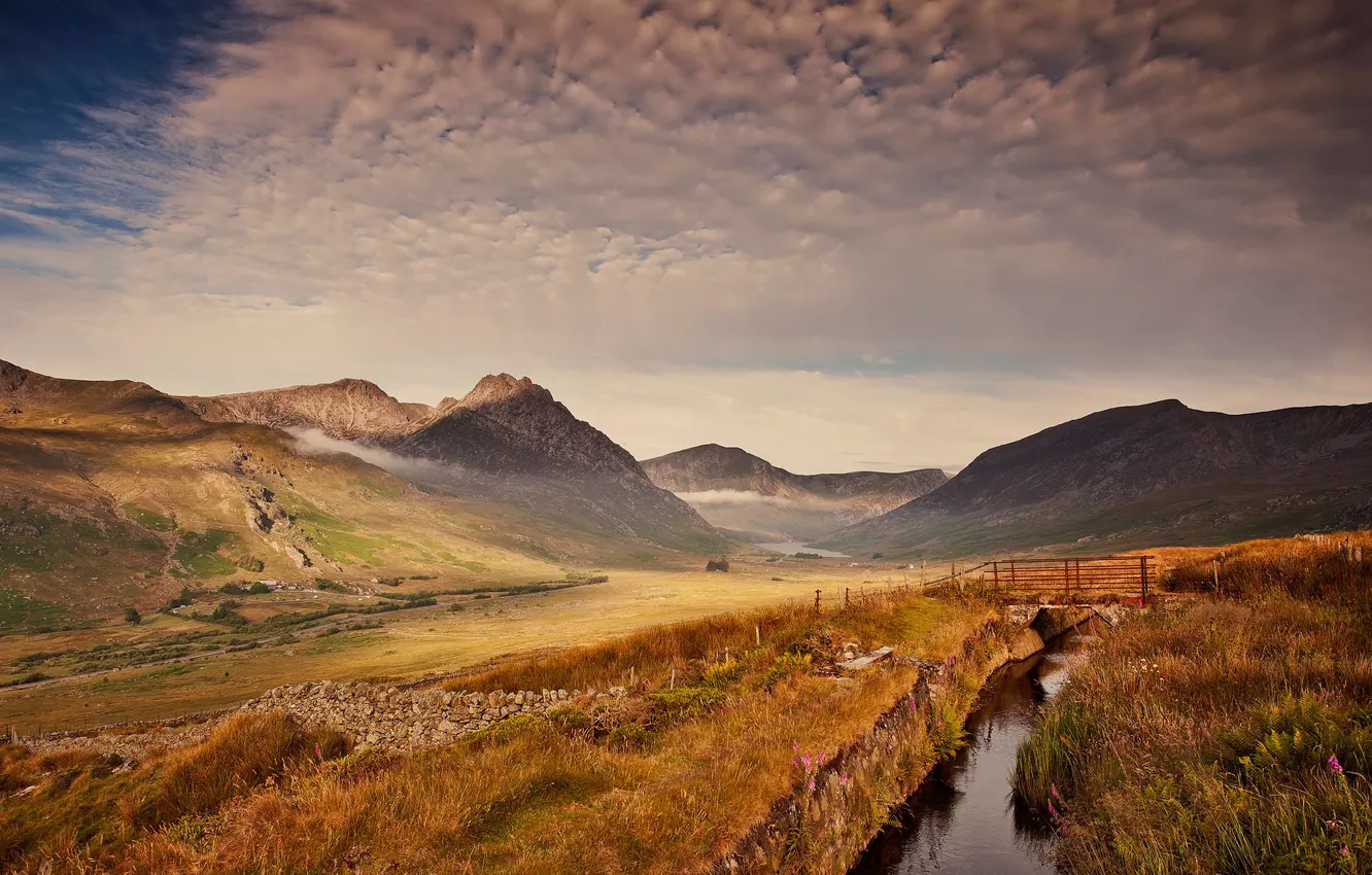 Photo wallpaper the sky, grass, mountains, valley, channel, the bridge