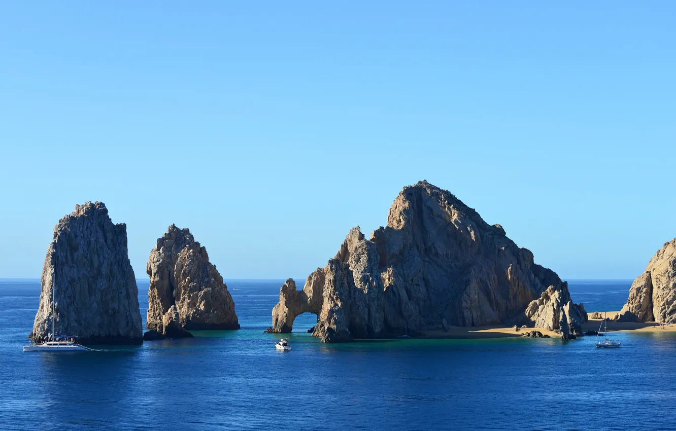 Photo wallpaper sea, the sky, rocks, yacht, boat, arch