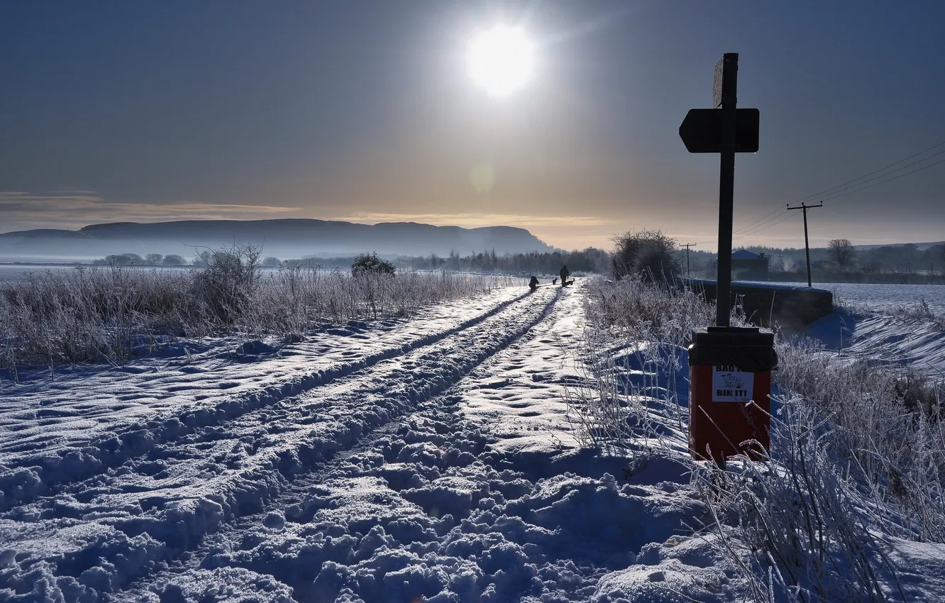 Photo wallpaper winter, snow, sunset, sign