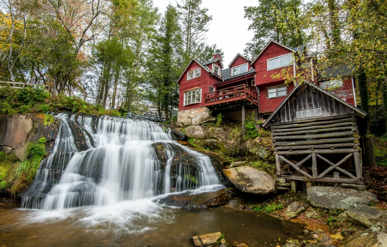Photo wallpaper Nature, Waterfall, Trees, River, House