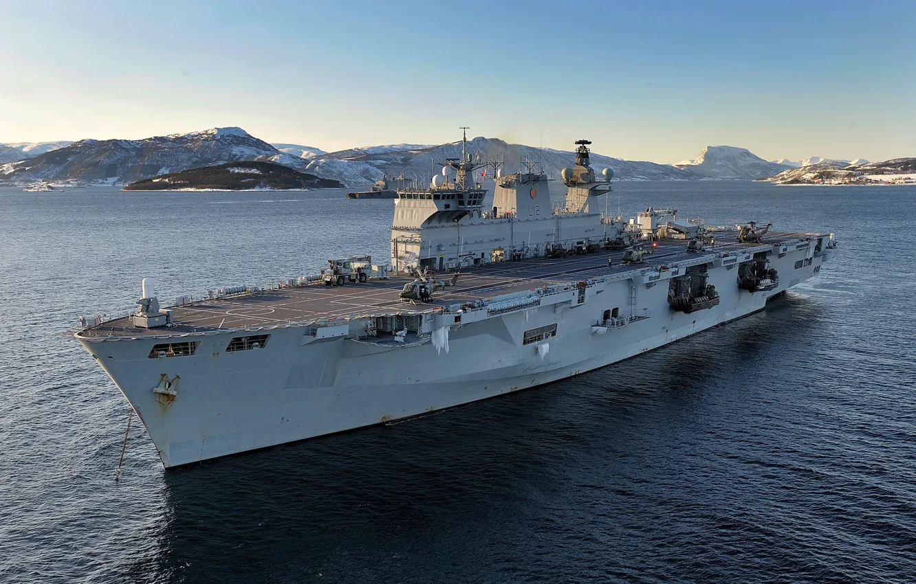 Photo wallpaper sea, mountains, ship, fleet, landing, HMS Ocean, (L12), Royal