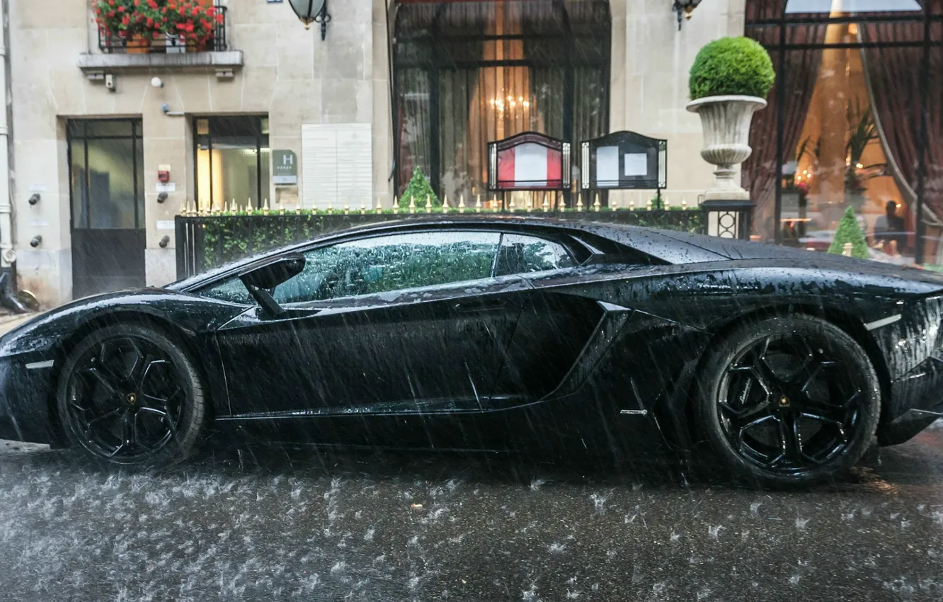 Photo wallpaper water, rain, black, puddle, Lambo, supercar, drives, weather
