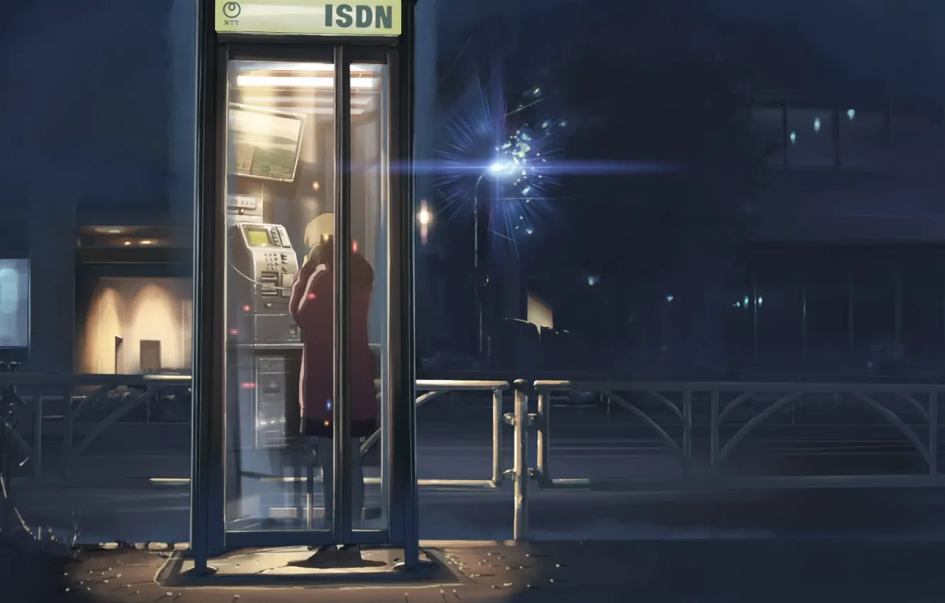 Photo wallpaper night, street, girl, lantern, 5 centimeters per second, Makoto Xingkai, phone booth
