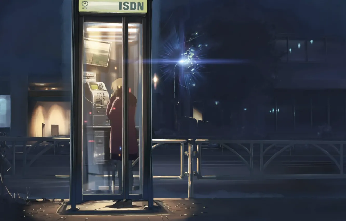 Photo wallpaper night, street, lights, girl, 5 centimeters per second, Makoto Xingkai, phone booth