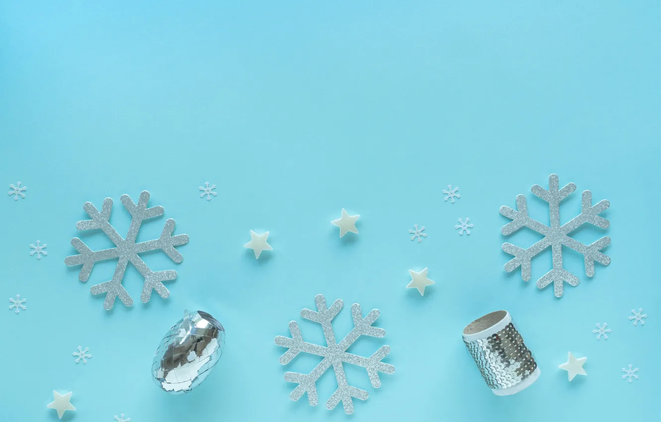 Photo wallpaper winter, snowflakes, holiday, Christmas, New year, serpentine, stars, blue background
