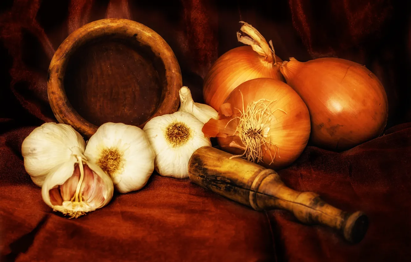 Photo wallpaper bow, garlic, spices, vegetables, still life, style