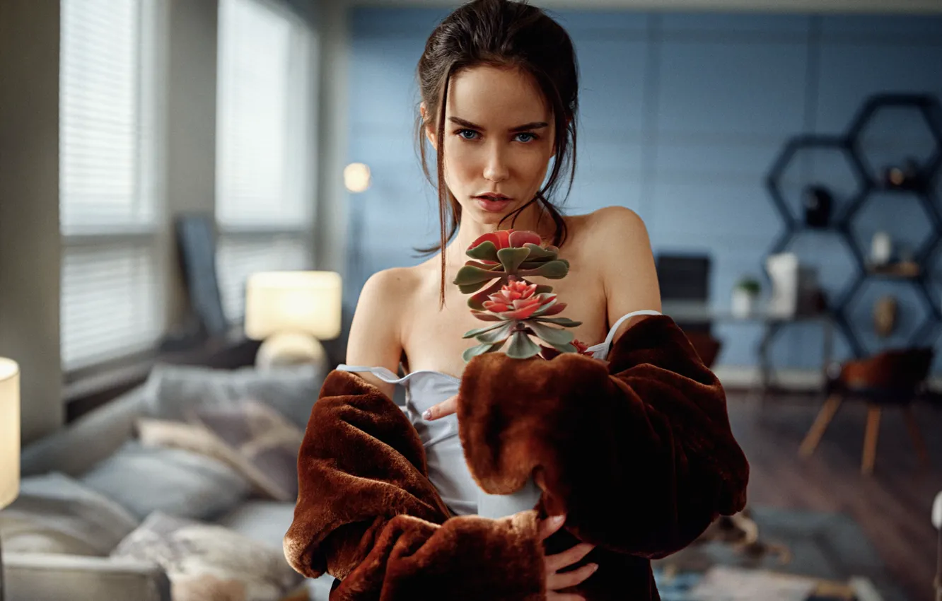 Photo wallpaper girl, flowers, portrait, brunette, beauty, George Chernyadev, Georgy Chernyadyev, succulents