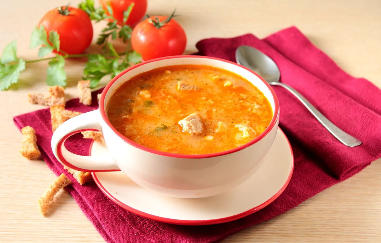 Photo wallpaper greens, soup, tomatoes, crackers