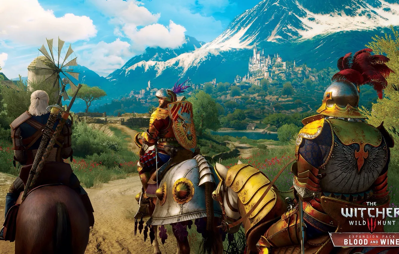 Photo wallpaper landscape, mountains, beauty, armor, knights, DLC, The Witcher 3: Wild Hunt, Blood and Wine