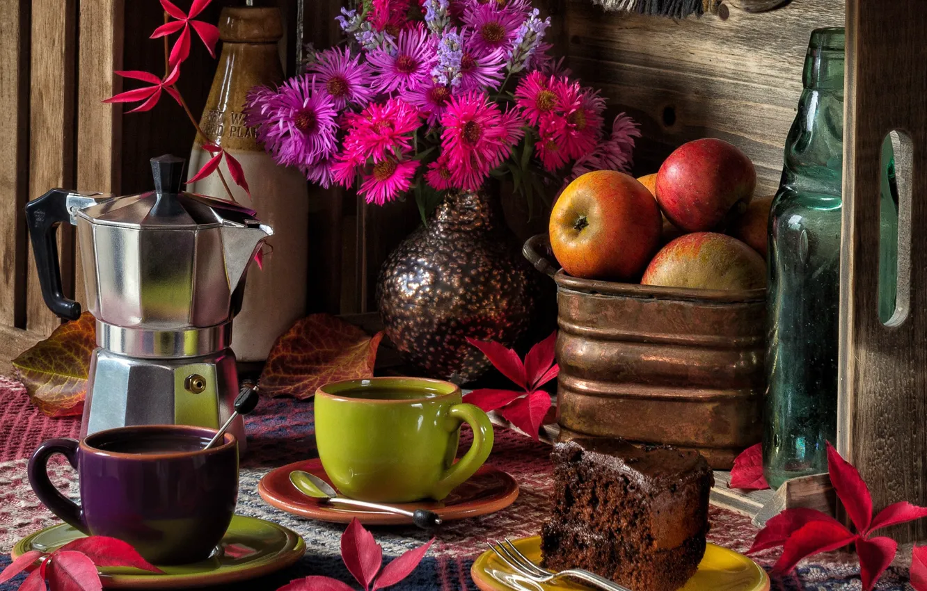 Photo wallpaper leaves, flowers, apples, coffee, bouquet, mugs, still life, cake