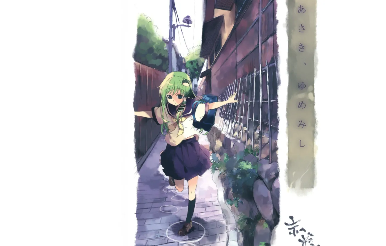 Photo wallpaper street, the fence, post, white background, schoolgirl, bag, sailor, touhou projeck