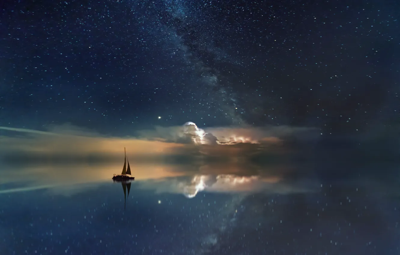 Photo wallpaper the sky, stars, night, the ocean, boat, the milky way, starry sky