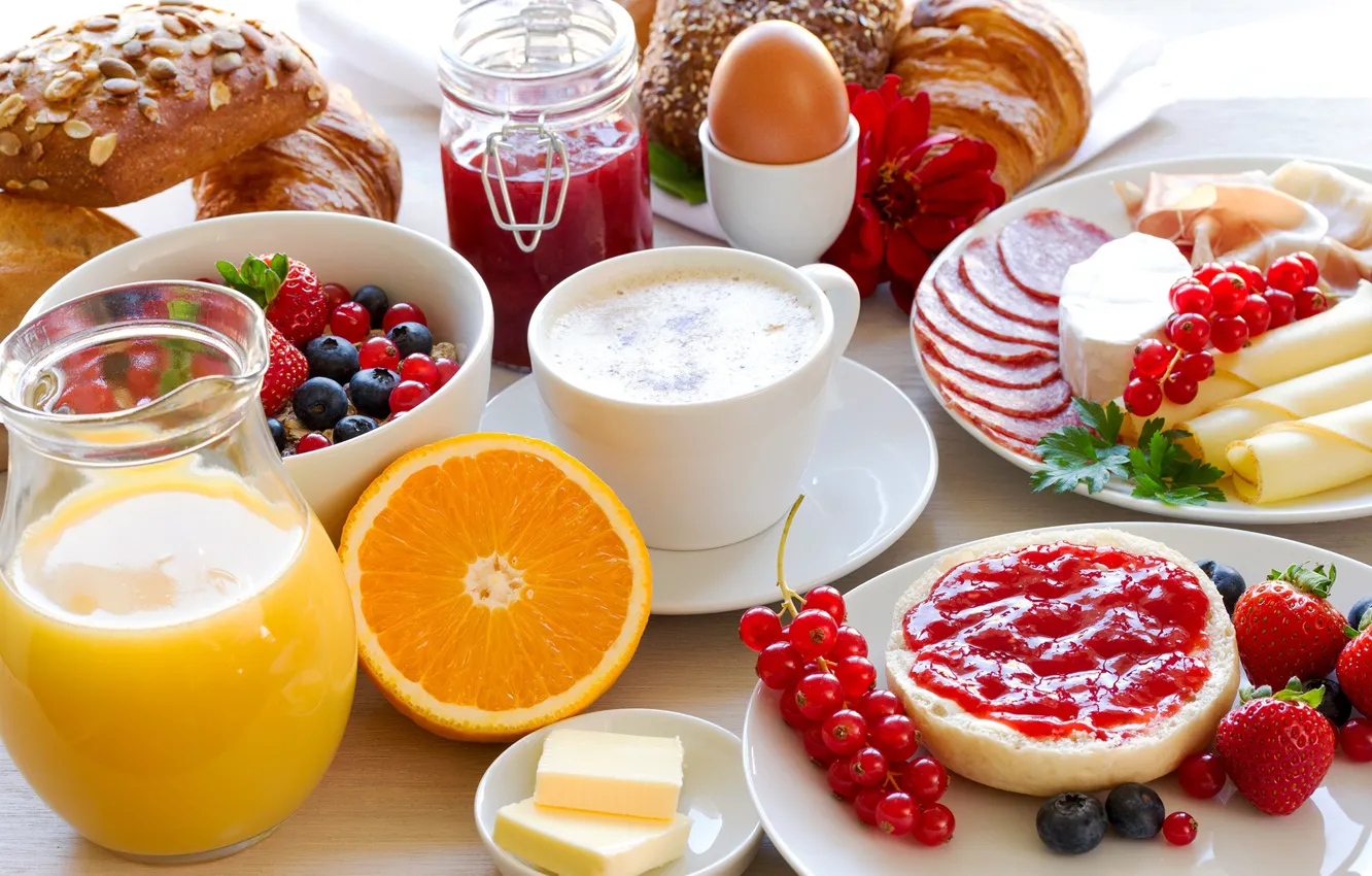 Photo wallpaper berries, egg, coffee, orange, Breakfast, cheese, strawberry, juice