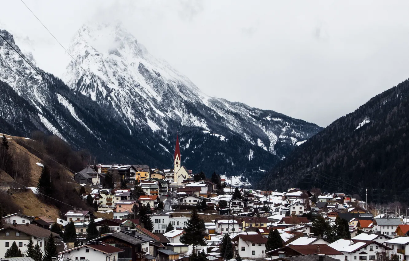 Photo wallpaper winter, snow, mountains, Austria, village, Church, Valley, power lines