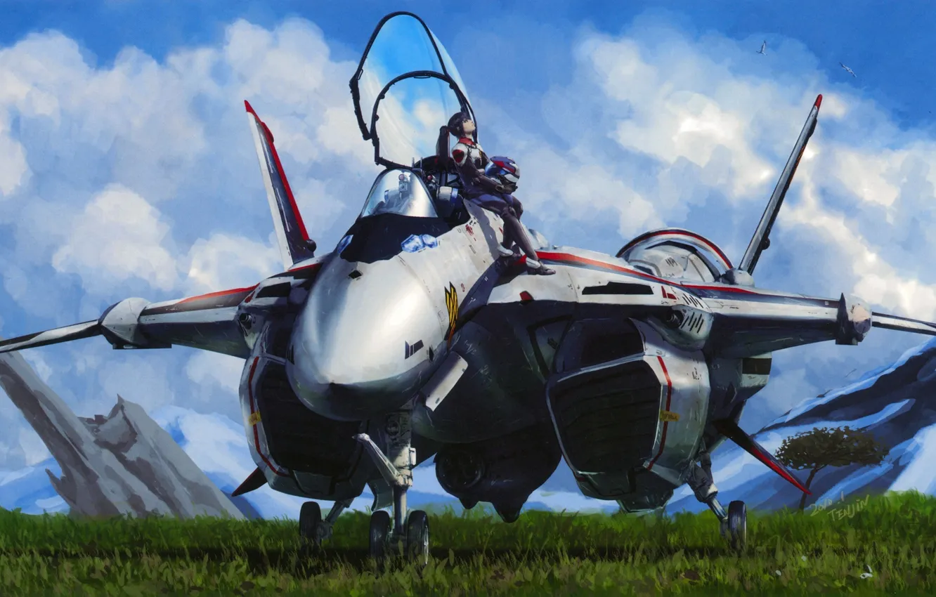 Photo wallpaper the sky, grass, clouds, pilot, the plane, art, plane, Macross