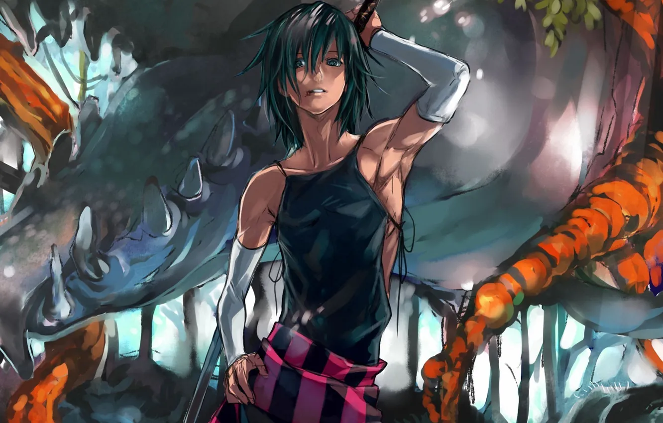 Photo wallpaper monster, sword, art, mouth, guy, Mike, pixiv id 4511