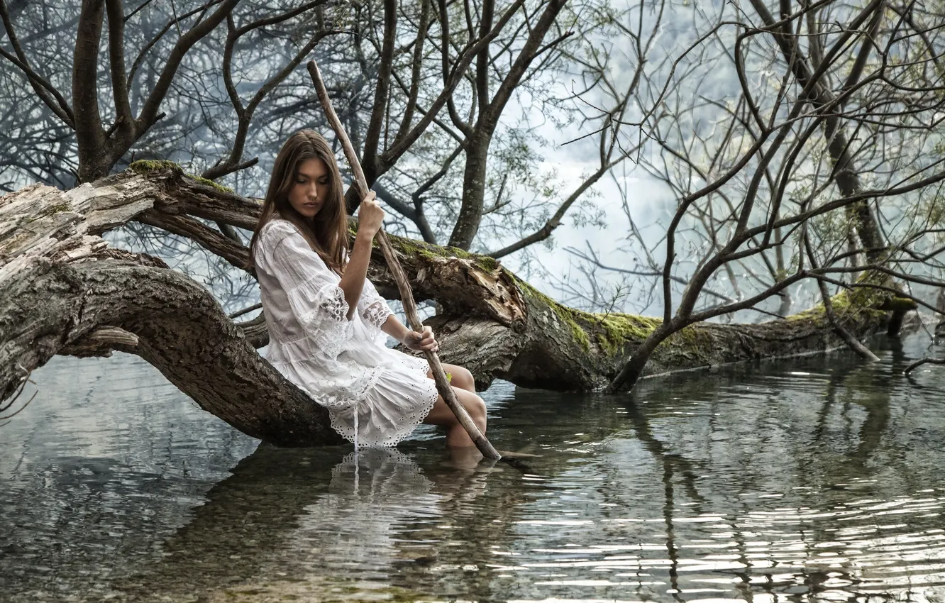 Photo wallpaper girl, pose, lake