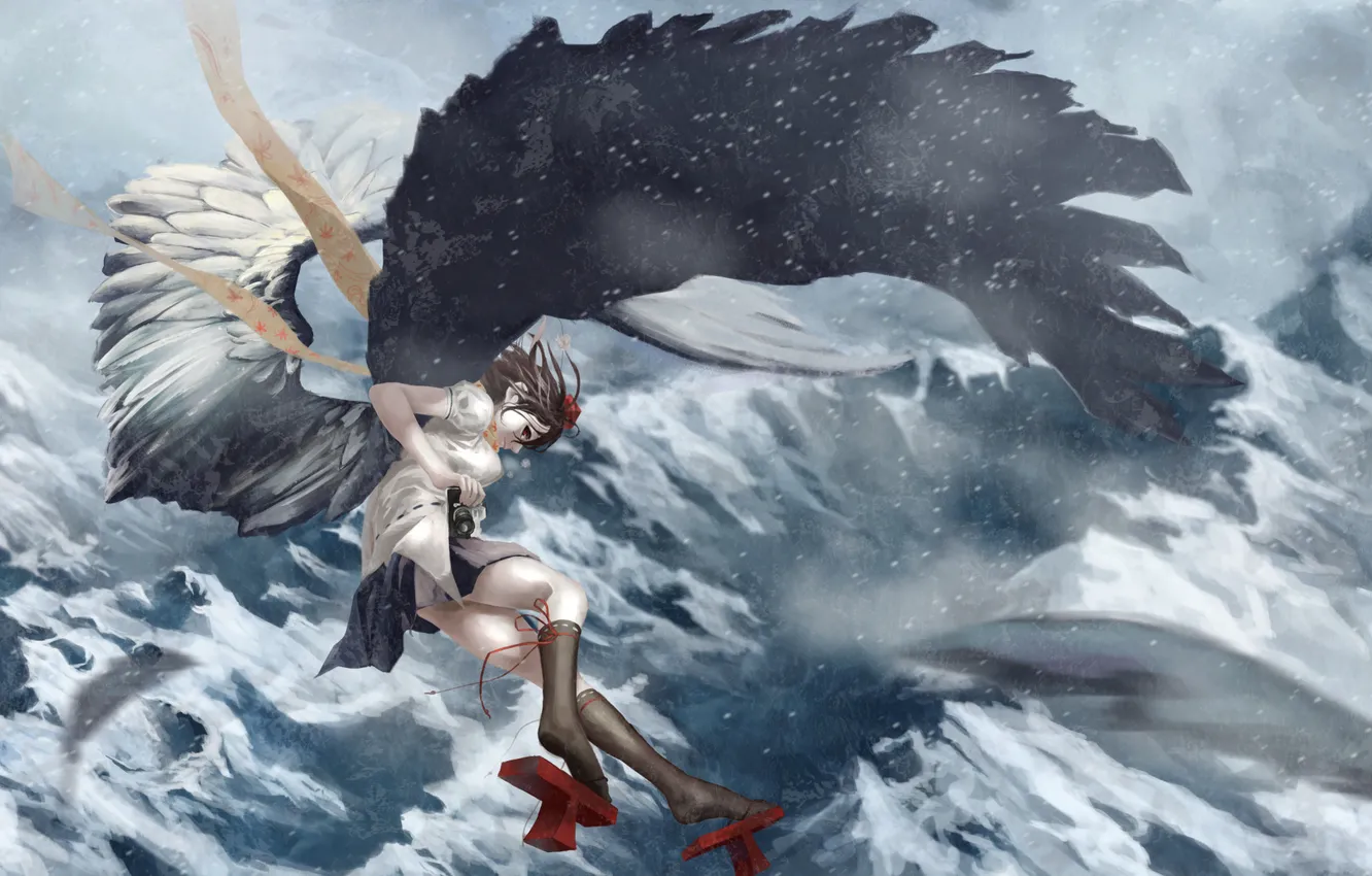 Photo wallpaper girl, snow, mountains, wings, touhou