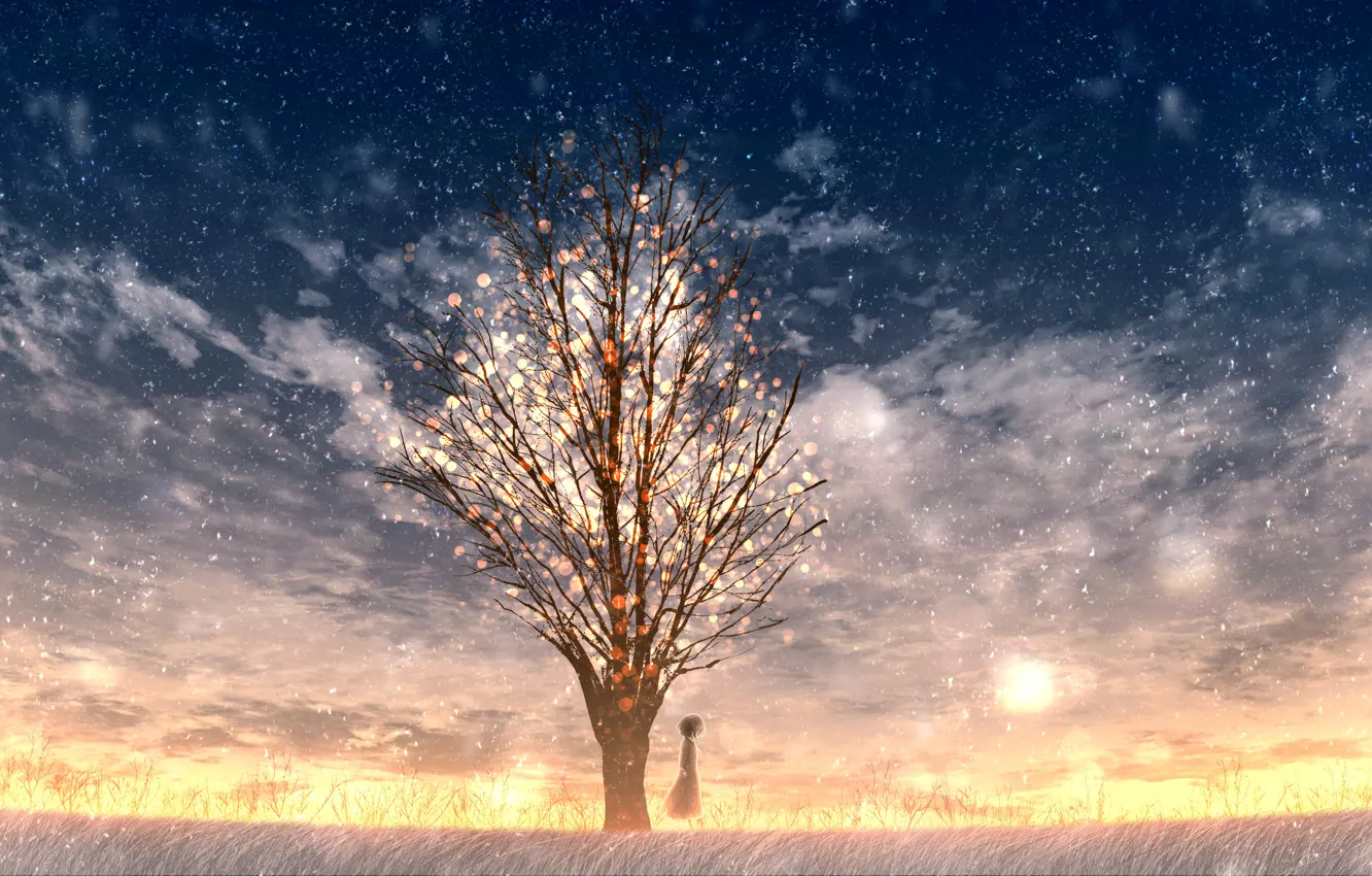 Photo wallpaper snow, sunset, tree, girl