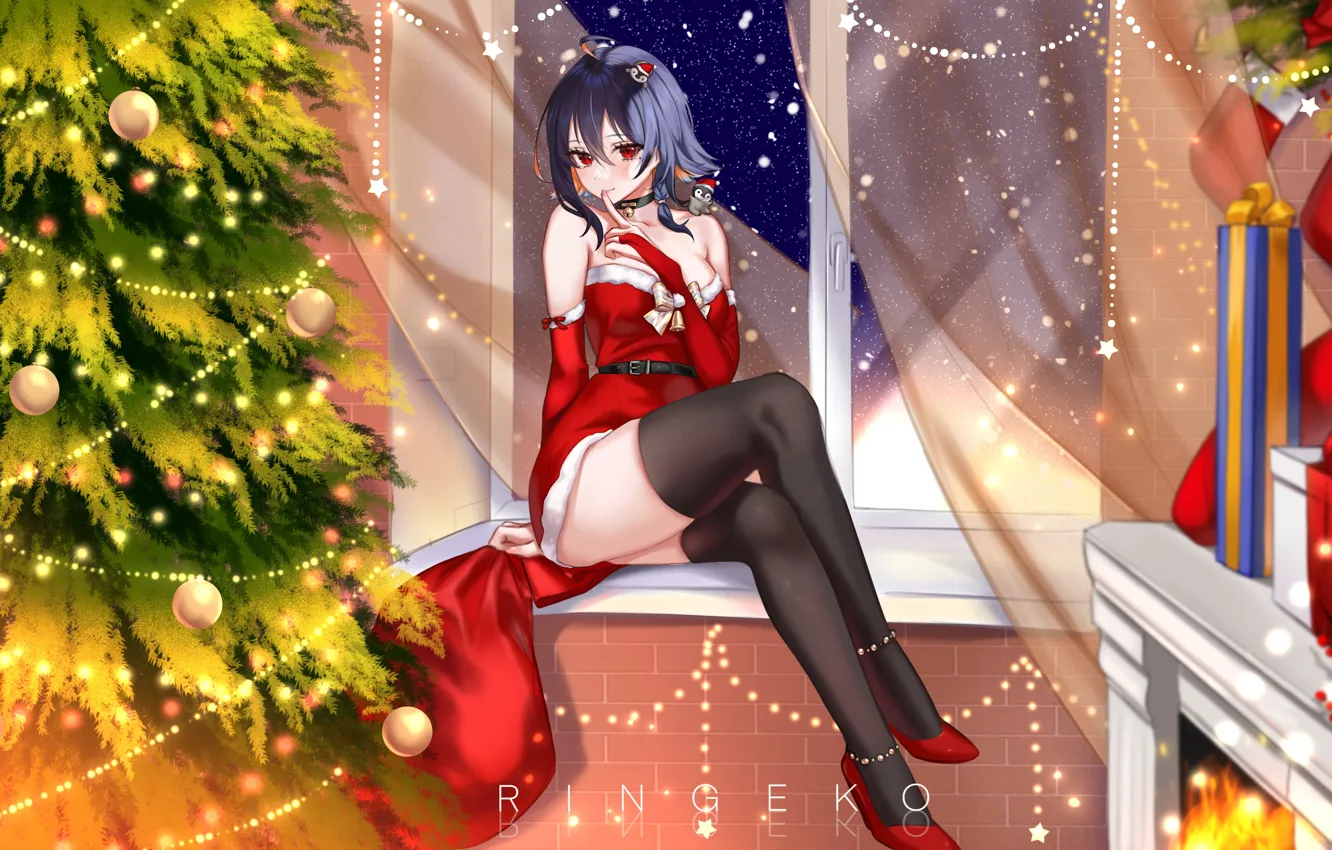 Photo wallpaper the Santa suit, tree, girl, gift, new year