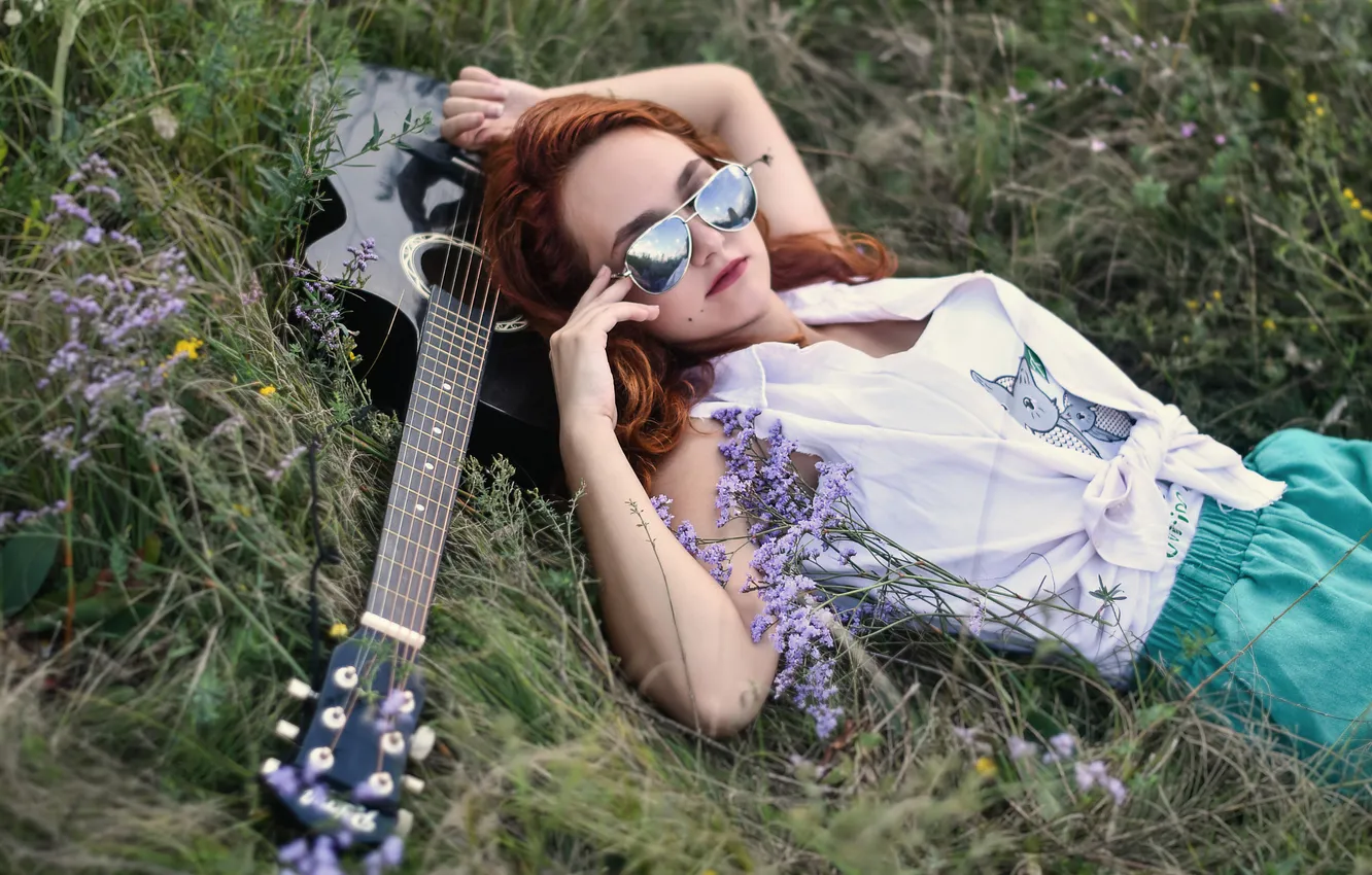 Photo wallpaper summer, girl, nature, pose, guitar, the situation, sunglasses