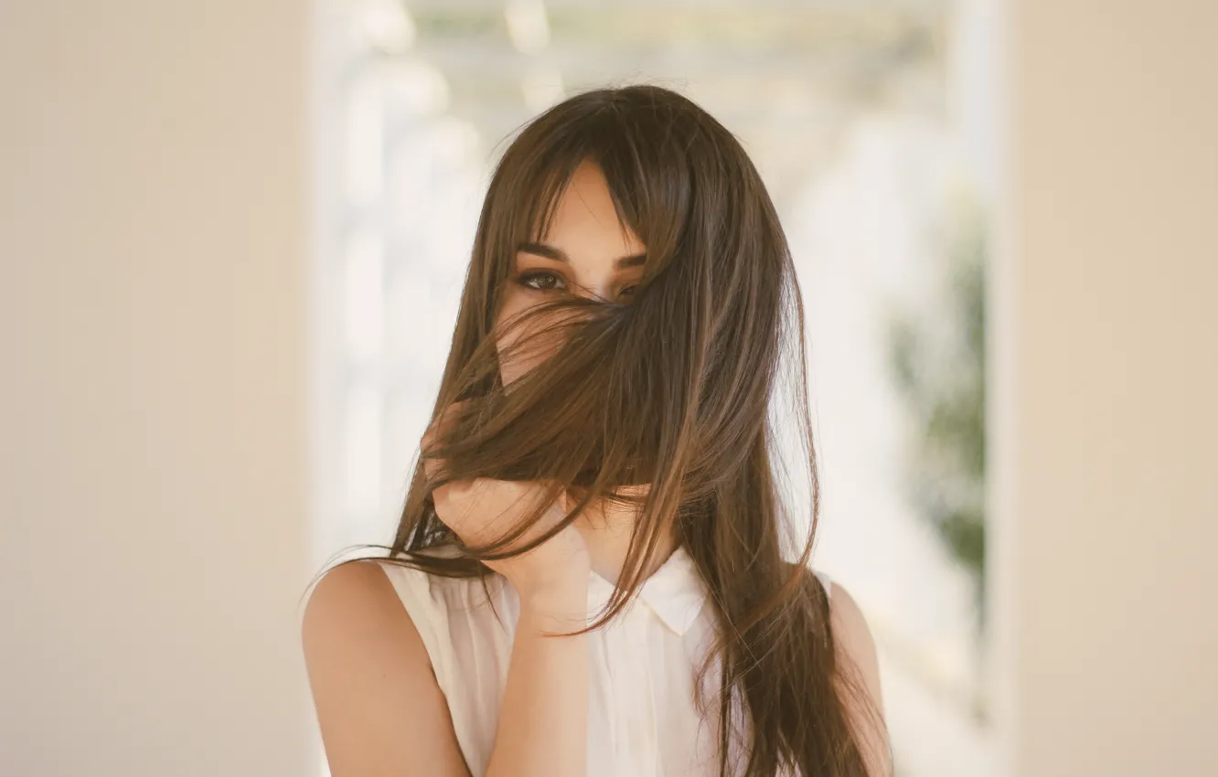 Photo wallpaper eyes, girl, hair, brown hair