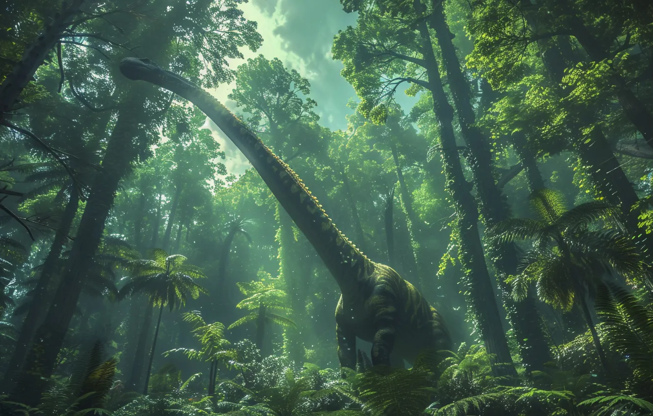 Photo wallpaper trees, animal, dinosaur, neck, digital art, Ancient animals, Extinct animals, Prehistoric