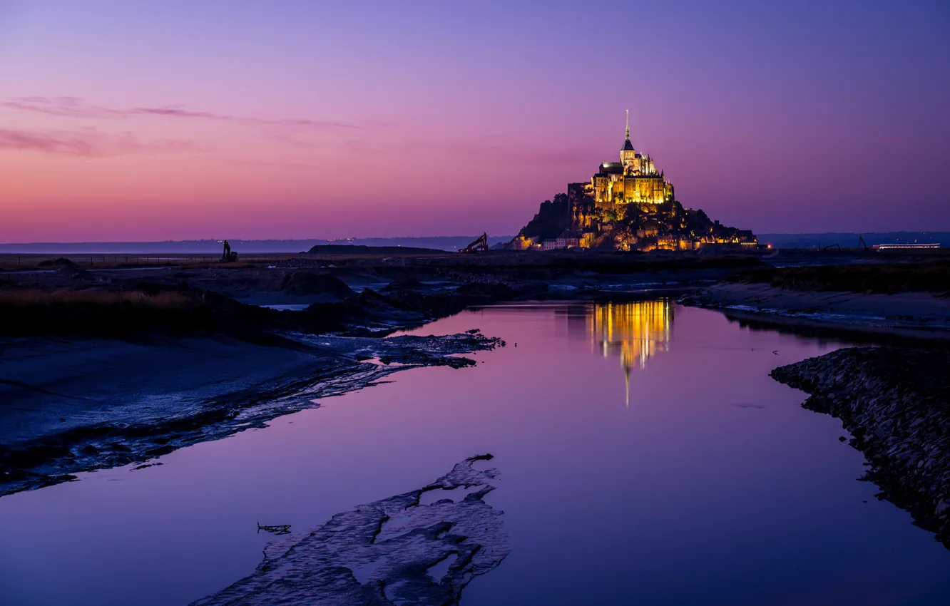 Photo wallpaper water, reflection, France, island, the evening, backlight, fortress, twilight